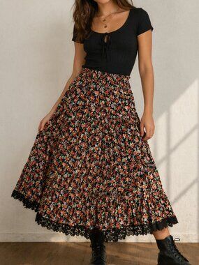 Vintage Floral Midi Skirt Black Rose Print Lace Trim High Waist Dark Cottagecore